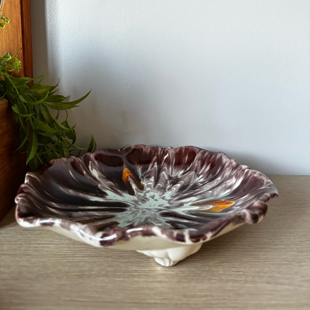 Elegant Brown and Cream German Ceramic Footed Dish